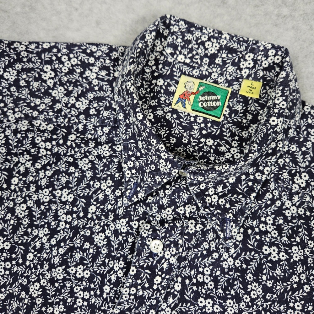 Johnny Cotton (Men's Large) Blue Shirt Floral Button Up Hawaiian Camp USA Made